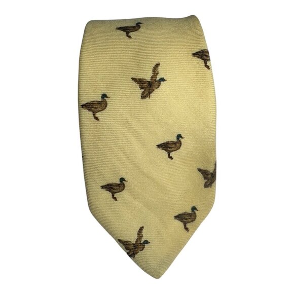 Vintage Polo Ralph Lauren Yellow Silk Wool Challis Mallard Duck Club Tie - Picture 2 of 5